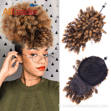 Maikling Kinky Curly Chignon With Bangs Drawstring Ponytail
